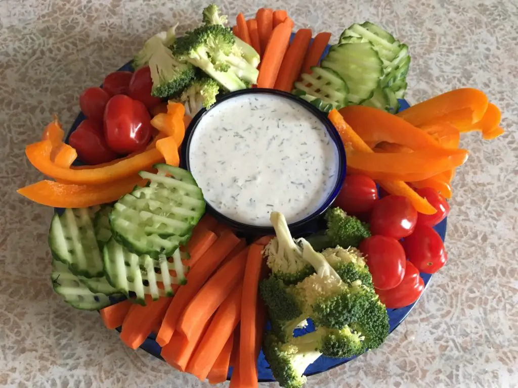 crudités platter with kefir ranch dip cucumber bell peppers carrots broccoli and cherry tomatoes