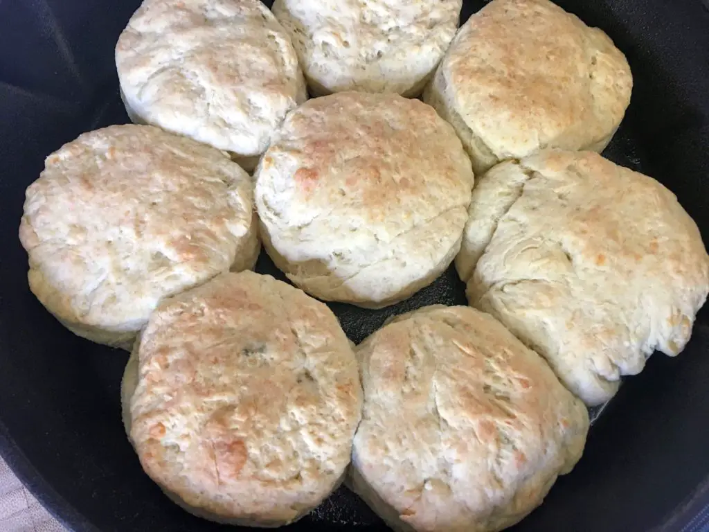 kefir milk breakfast biscuits in a cast iron skillet