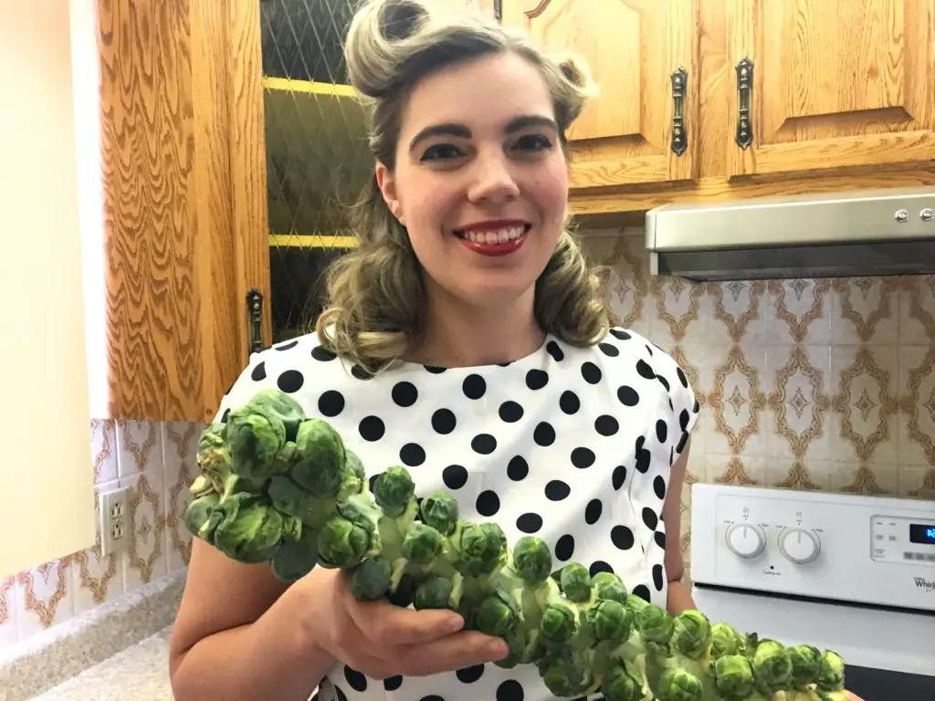 Vintage Kitchen Vixen holding a brussels sprouts stalk