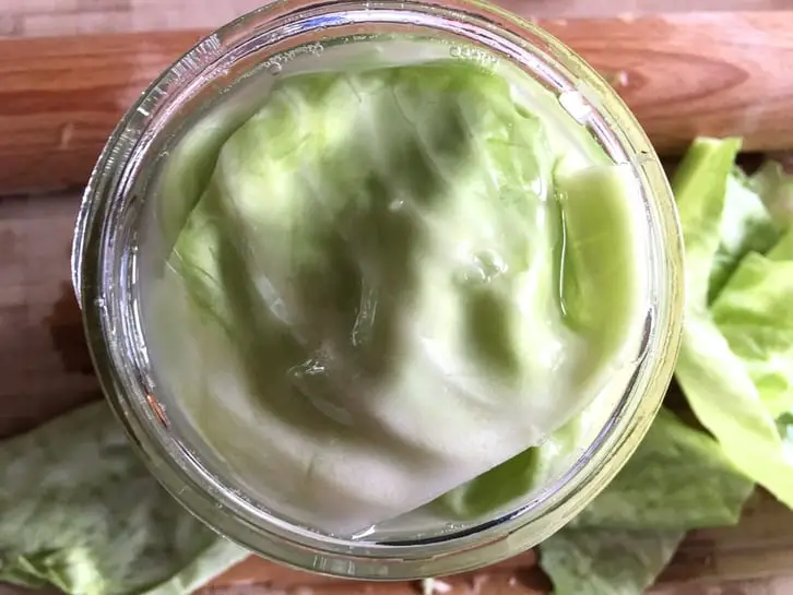covering sauerkraut with cabbage leaves