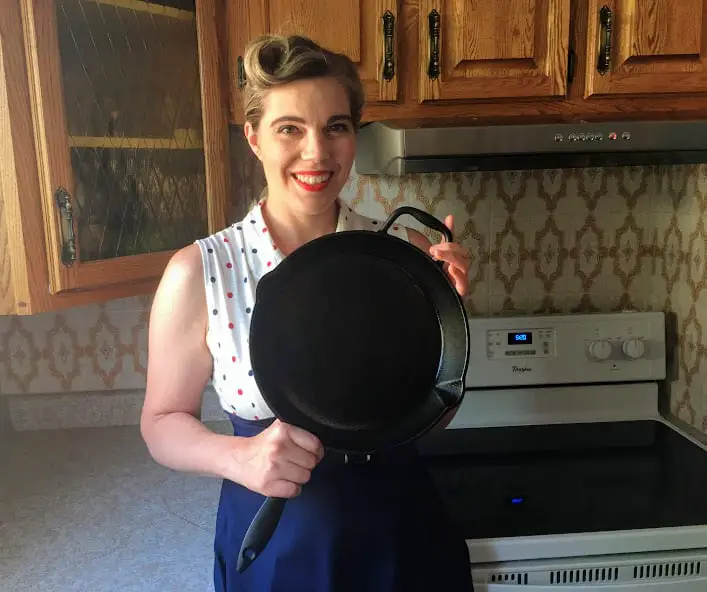 showing off a cast iron pan