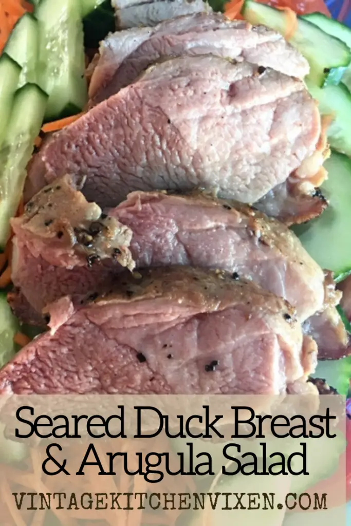 seared duck breast and arugula salad recipe pin
