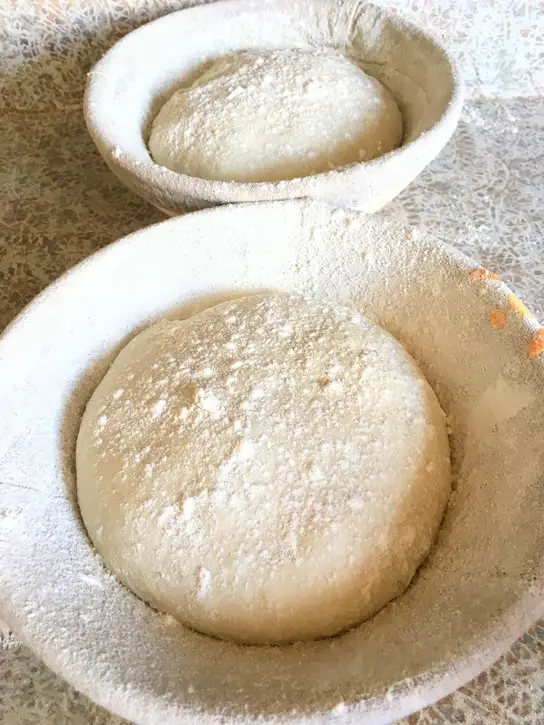 bread proofing in banneton baskets